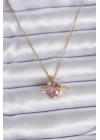 316L Çelik Gold Renk Zincir Pembe Kristal Kalp Model Zirkon Taş Detay Kadın Kolye - TJ-BKO7747