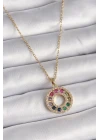 316L Çelik Gold Renk Zincir Renkli Zirkon Taşlı Madalyon Model Kadın Kolye - TJ-BKO9490