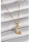 316L Çelik Gold Renk Zincir Zirkon Taşlı Hilal Model Yıldız Detay Kadın Kolye - TJ-BKO9654