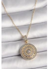 316L Çelik Gold Renk Zincir Zirkon Taşlı Madalyon Model Labirent İşleme Kadın Kolye - TJ-BKO9763