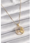 316L Çelik Gold Renk Zincir Zirkon Taşlı Yıldız İşleme Madalyon Model Kadın Kolye - TJ-BKO9636