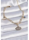 316L Çelik Gold Renk Zirkon Taşlı Göz Figür Kalp Detay Kadın Bileklik - TJ-BB6443