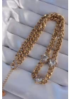 316L Çelik Gold Renk Zirkon Taşlı Kalp Model Zincir Kolye - TJ-BKO8949