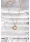 316L Çelik Gold Renk Zirkon Taşlı Sarı Sedefli Hilal Model Kadın Kolye - TJ-BKO9705