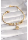 316L Çelik Gold Renk Zirkon Taşlı Simli Kelebek Figür Kadın Bileklik - TJ-BB5952