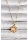 316L Çelik Gold Renk Zirkon Taşlı Turuncu Sedefli Hilal Model Kadın Kolye - TJ-BKO9704