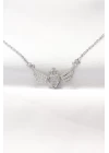 316L Çelik Silver Renk Zirkon Taşlı Kalpli Kanat Kolye - TJ-BKO8515