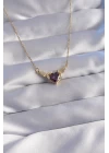 316L Çelik Zincir Gold Renk Mor Zirkon Taşlı Kanatlı Kalp Kolye - TJ-BKO8783