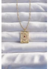 316L Çelik Zincir Gold Renk Pembe Zirkon Taşlı Tarot Kolye - TJ-BKO8982