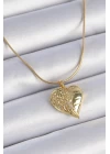 316L Çelik Zincir Gold Renk Zirkon Taşlı Kalp Kanat İşlemeli Kadın Kolye - TJ-BKO9340
