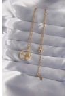 316L Çelik Zincir Gold Renk Zirkon Taşlı Yıldız Figürlü Oval Kolye - TJ-BKO9023