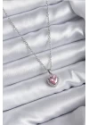 316L Çelik Zincir Gümüş Renk Pembe Zirkon Taş Charm Model Kadın Kolye - TJ-BKO7853