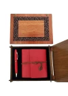 Ahşap Kutulu Kırmızı Deri Defter ve Metal Kalem Set