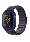 Apple Watch 38mm Hasırlı Cırtcırtlı Kasalı Kordon - Lacivert-Mürdüm