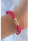 Pembe Renk Zirkon Taşlı Deri Çoklu Bileklik - TJ-BB6352