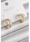 Pirinç Gold Renk 2Li Zirkon Taşlı Halka Model Kadın Küpe - TJ-BKP9975