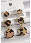 Pirinç Gold Renk 3Lü Leopar Desenli Sallantı Daire Plaka Model Kadın Küpe - TJ-BKP9891