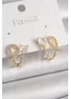 Pirinç Gold Renk Düğüm Model Zirkon Taşlı Kalp Detay Kadın Küpe - TJ-BKP9909