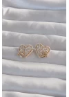 Pirinç Gold Renk Fiyonk Detay İncili Zirkon Taşlı Kalp Küpe - TJ-BKP9299