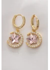 Pirinç Gold Renk Pembe Zirkon Taşlı Yıldız Detay Ay Küpe - TJ-BKP8965