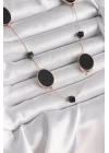 Pirinç Gold Renk Siyah Renk Oval Siyah Küp Detay Kadın Kolye - TJ-BKO9625