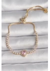 Pirinç Gold Renk Su Yolu Zirkon Taşlı Pembe Zirkon Taşlı Kalp Asansör Model Charm Kadın Bileklik - TJ-BB6650