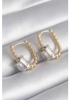 Pirinç Gold Renk Top Model Gümüş Renk Zirkon Taşlı Kadın Küpe - TJ-BKP8495
