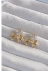 Pirinç Gold Renk Zirkon Taşlı Kalp Model Fiyonk Küpe - TJ-BKP9311