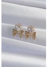 Pirinç Gold Renk Zirkon Taşlı Kalp Model Fiyonk Küpe - TJ-BKP9311