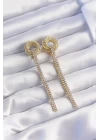 Pirinç Gold Renk Zirkon Taşlı Kıvrım Detay Sallantılı Küpe - TJ-BKP9254