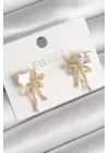 Pirinç Gold Renk Zirkon Taşlı Kurdele Model Kadın Küpe - TJ-BKP9776