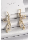 Pirinç Gold Renk Zirkon Taşlı Kurdele Model Kadın Küpe - TJ-BKP9897