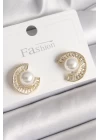 Pirinç Gold Renk Zirkon Taşlı Salyangoz Model İnci Detay Kadın Küpe - TJ-BKP9786