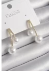 Pirinç Gold Renk Zirkon Taşlı Sarkıt Model İnci Detay Kadın Küpe - TJ-BKP9985
