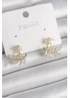 Pirinç Gold Renk Zirkon Taşlı Yaprak Model Kadın Küpe - TJ-BKP9866