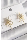 Pirinç Gold Renk Zirkon Taşlı Yıldız Düğüm Model Kadın Küpe - TJ-BKP9951