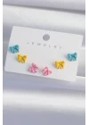 Pirinç Rengarenk Mineli Minimal Fiyonk Küpe Seti - TJ-BKP9319
