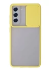 Samsung Galaxy S21 FE Kılıf Palm Buzlu Kamera Sürgülü Silikon - Sarı