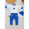 3-6 6-9 9-12 Ay Full Star Nakışlı Şapkalı Uzun Kollu Sweat 3lü Erkek Bebek Takımı İndigo