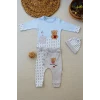 3-6 9-12 12-18 Ay Romantik Ayıcık Nakışlı Şapkalı Uzun Kollu Sweatli 3lü Kız-erkek Bebek Takımı Mavi
