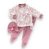3-6-9-12 Ay Çiçek Baskılı Şapkalı Çıtçıt Kapamalı Patikli 3lü Kız Bebek Takımı Gül Kurusu