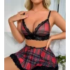 Fantezi Seksi Dantelli Ekose Sütyen Mini Etek Takım