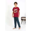 Giyim Erkek Çocuk Kısa Kol Penye Pijama Takım Bordo
