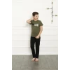 Giyim Erkek Çocuk Pamuk Kısa Kollu Pijama Takımı Haki