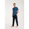 Giyim Erkek İndigo Düğmeli Yaka Kısa Kol Pijama Takımı