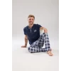 Giyim Erkek Lacivert Düğmeli Yaka Kısa Kol Pijama Takımı