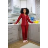 Giyim Kadın %100 Pamuk Penye Önden Düğmeli Uzun Kol Pijama Takım Bordo