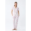 Giyim Kadın Beyaz Kırmızı Kalpli Önden Düğmeli Pijama Takımı