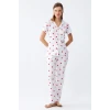 Giyim Kadın Beyaz Kırmızı Kalpli Önden Düğmeli Pijama Takımı