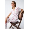Giyim Kadın Beyaz Kırmızı Kalpli Önden Düğmeli Pijama Takımı